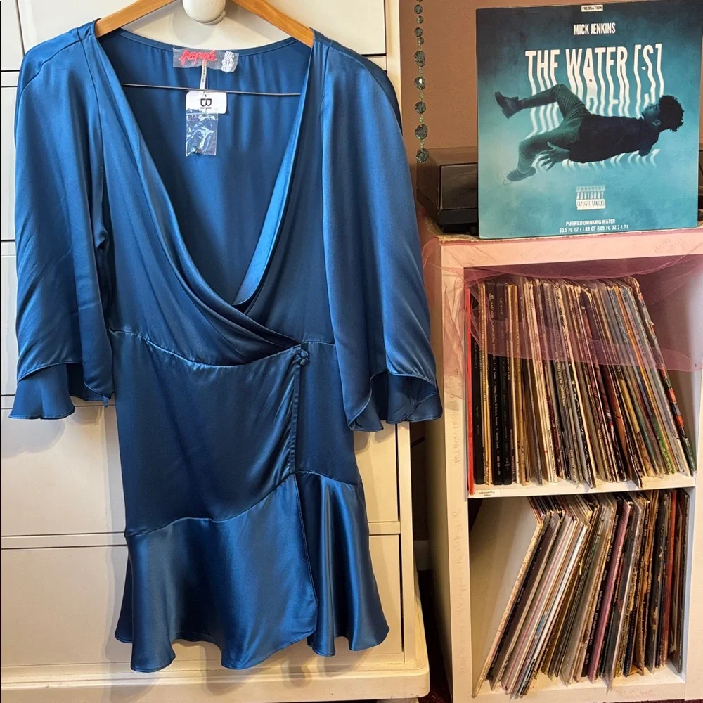 NWT Free People Strike A Pose Blue Silk Mini Party Dress Wrap New Cocktail 4 Hot